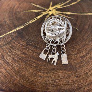 Vintage Sterling Silver Brooch with Llama and Hat Peruvian Jewelry